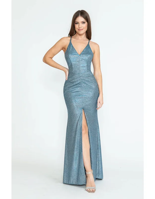 Evening Long Dress V-neck Pleated Formal Gown