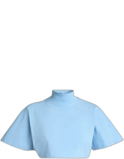 Turtleneck Short-sleeve Crop T-shirt With Ribbed Knit And Snap Button Closure