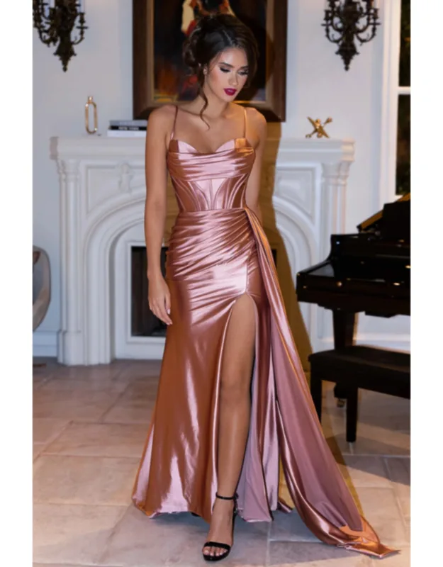 Satin Corset Evening Gown With Lace-up Back & High Slit Spaghetti Strap Dress