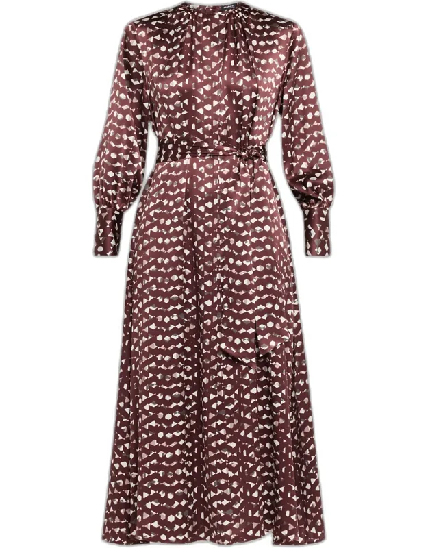 Long-sleeve Abstract-print Silk Belted Maxi Dress