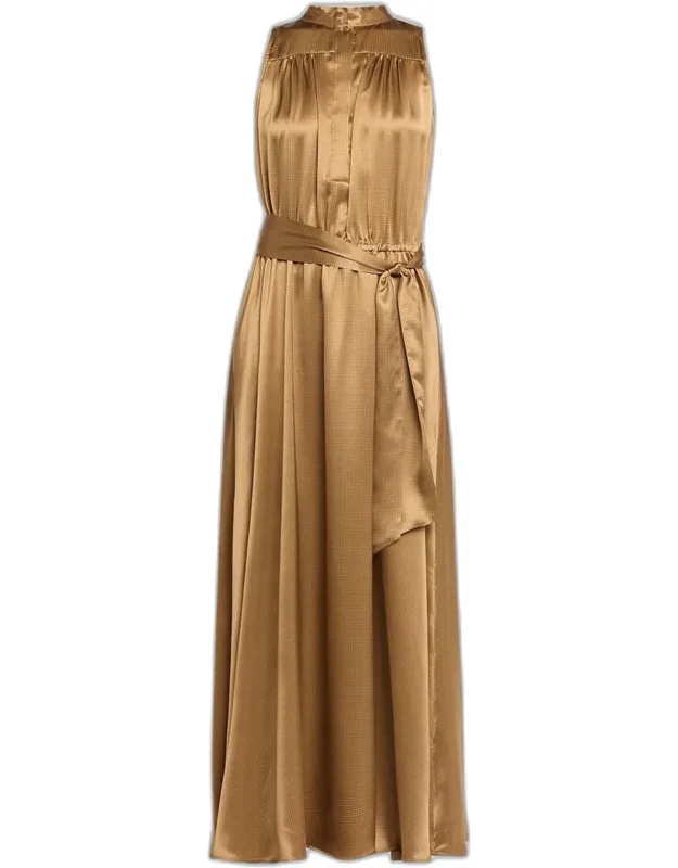 Sleeveless Gathered Silk Maxi Dress