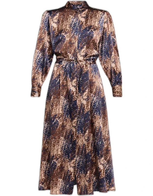Long-sleeve Abstract-print Silk Drawstring Maxi Shirtdress