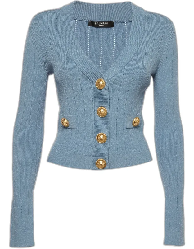 Ribbed Pointelle Knit Cropped Cardigan