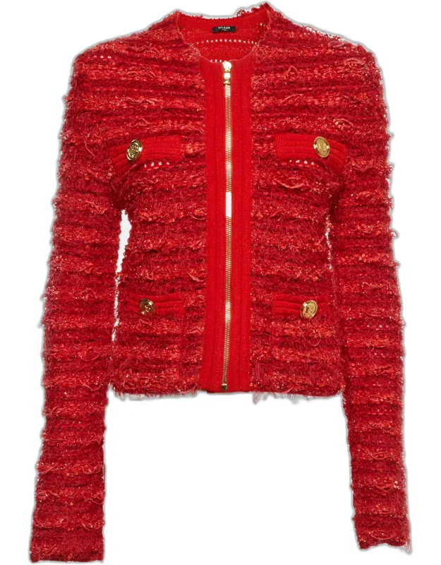 Button Embellished Tweed Knit Zip Up Jacket