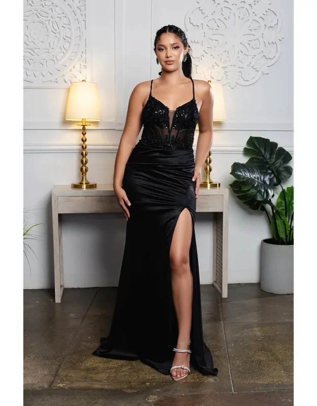 Satin Mermaid Gown With Lace Bodice & High Slit Spaghetti Strap Formal Dress