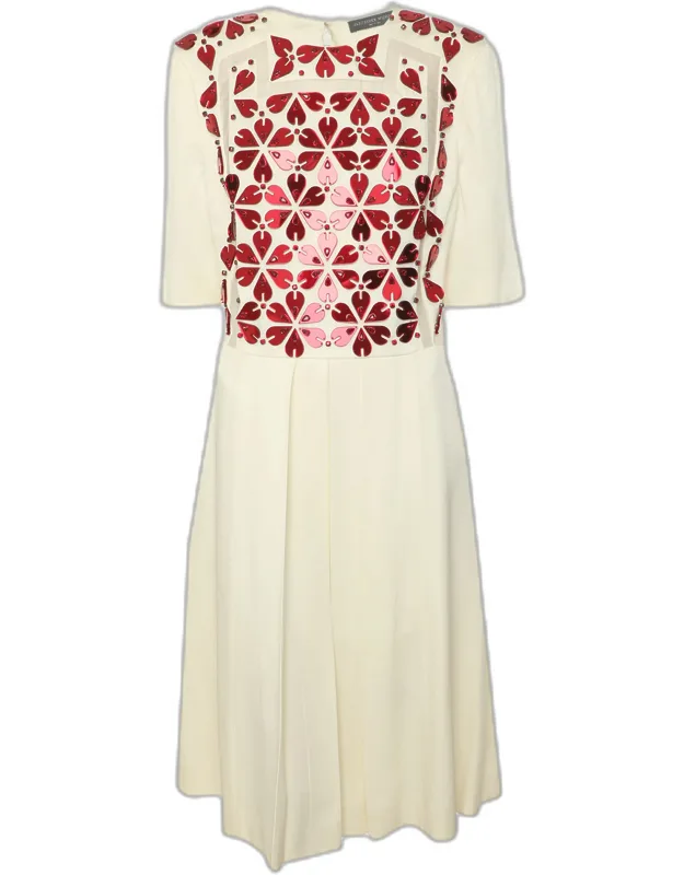 Cream Crepe Fabric Crystal Embellishment Knee Length Dress