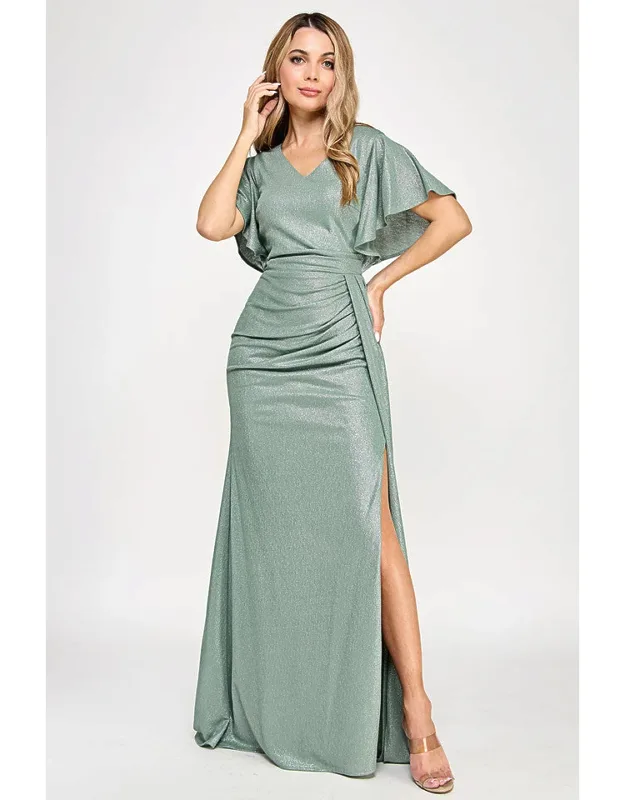 Metallic V-neck Flutter Sleeve Evening Gown With Ruched Waist And High Slit