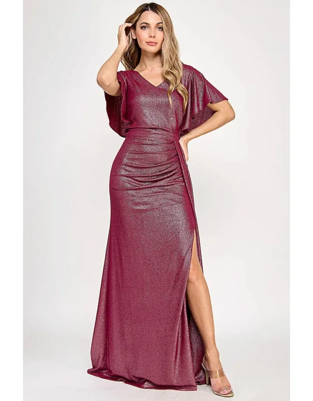 Metallic V-neck Flutter Sleeve Evening Gown With Ruched Waist And High Slit