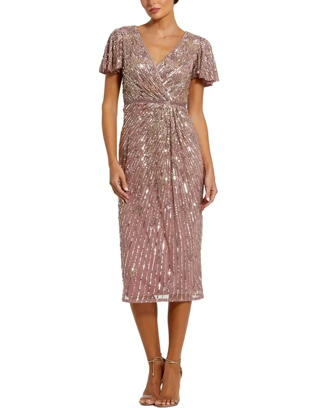 Sequin Mesh V Neck Flutter Sleeve Midi Dress
