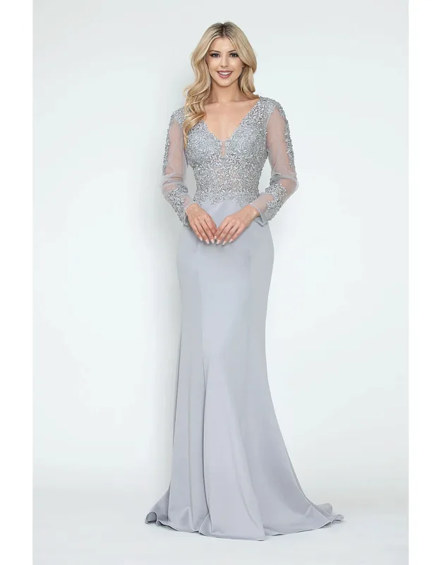 Formal Dress V-neck Beaded Sheath Long Sleeve Evening Gown