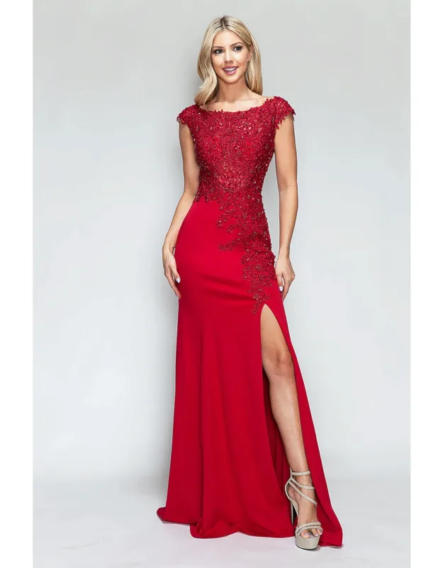 Formal Dress Boat Neck Cap Sleeve Sheath Gown
