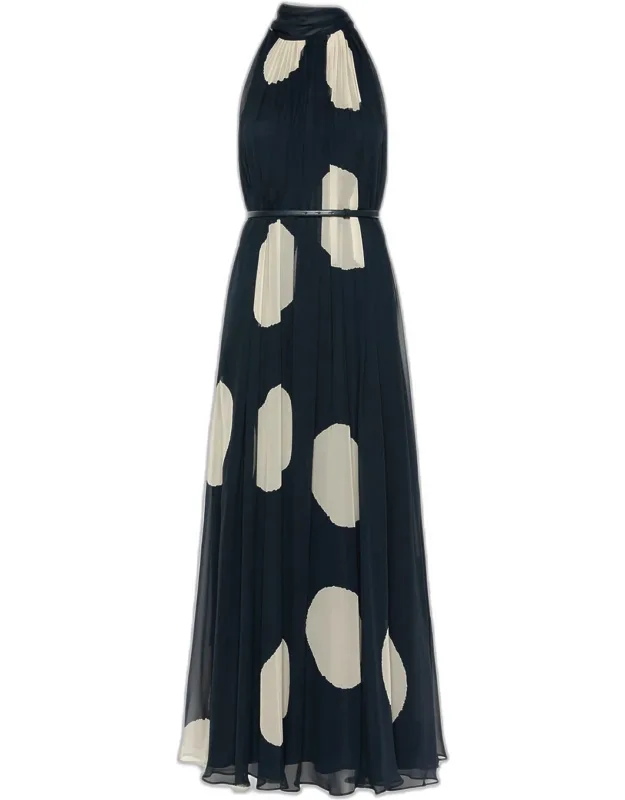 Polka-dot Silk Chiffon Scarf-neck Halter Maxi Dress
