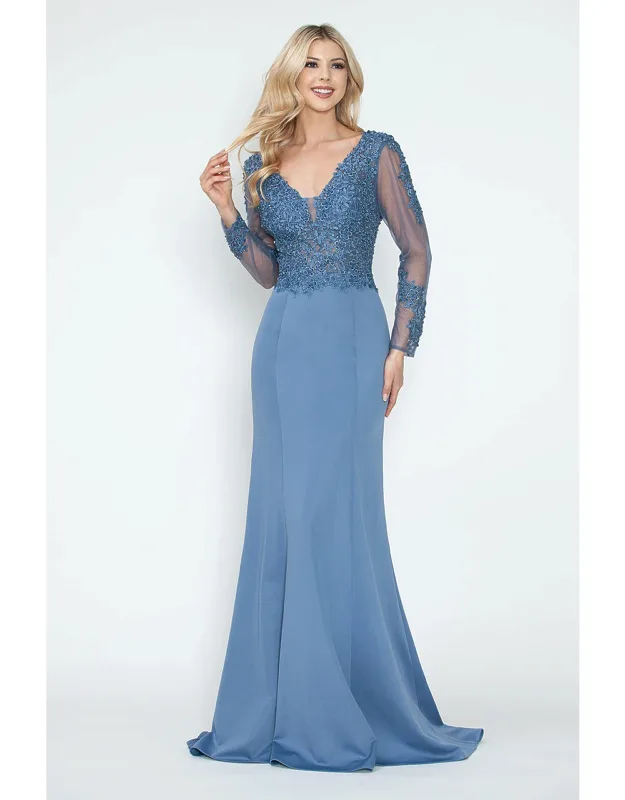 Formal Dress V-neck Beaded Sheath Long Sleeve Evening Gown
