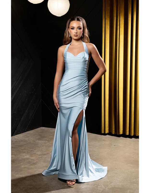 Halter Neck Ruched Satin Formal Gown With Slit