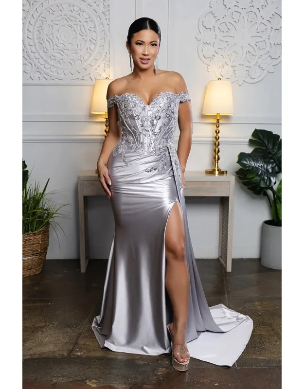 Off-shoulder Sequin Appliqué Satin Evening Gown