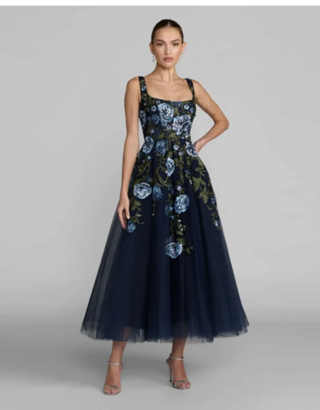 Square Neck Embroidered A-line Midi Dress