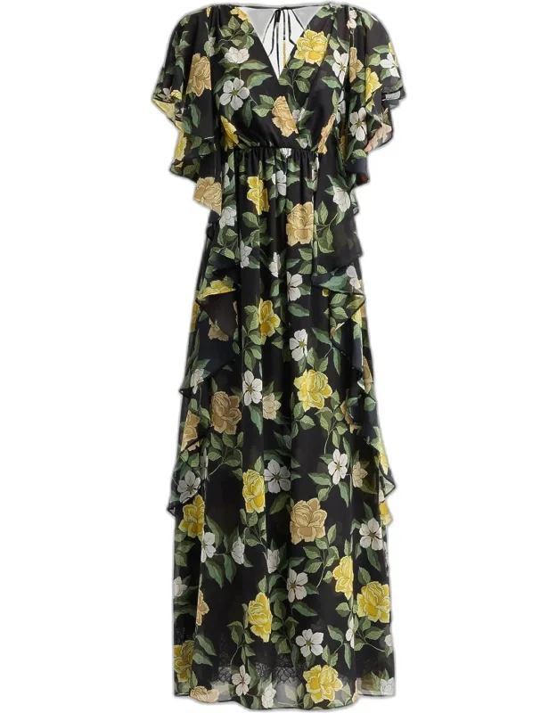 Ruffle Floral Chiffon Maxi Dress