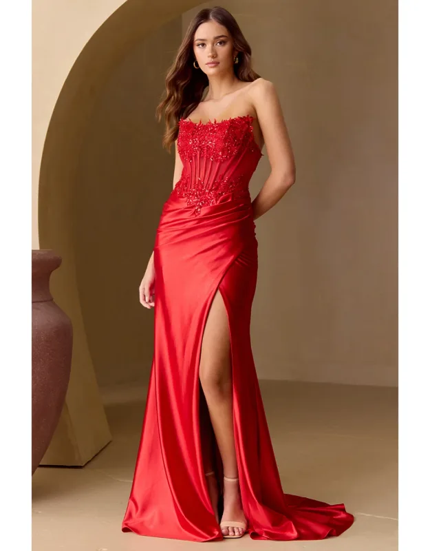 Satin Strapless Corset Lace Appliqué Evening Gown With High Slit Dress