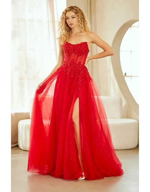 Strapless Corset Prom Dress With Beaded Bodice & Lace-up Back Evening Gown
