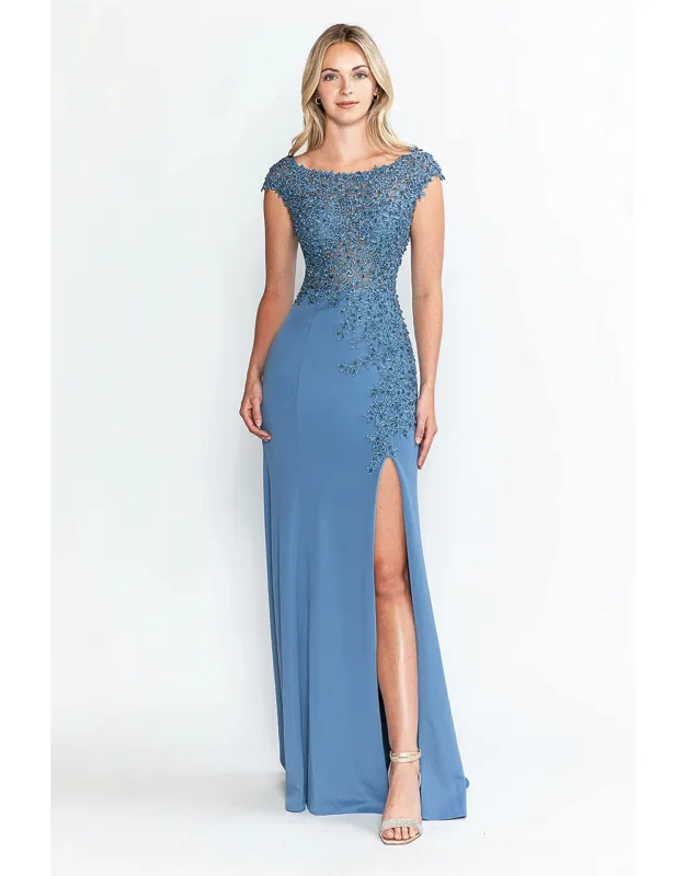 Formal Dress Boat Neck Cap Sleeve Sheath Gown