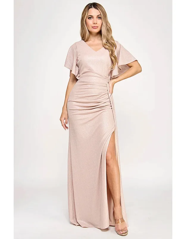 Metallic V-neck Flutter Sleeve Evening Gown With Ruched Waist And High Slit