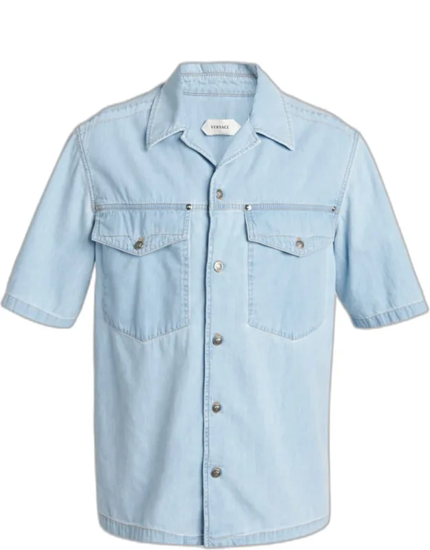 Embroidered-logo Short-sleeve Denim Shirt