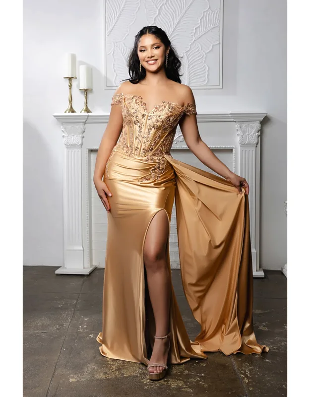 Off-shoulder Sequin Appliqué Satin Evening Gown