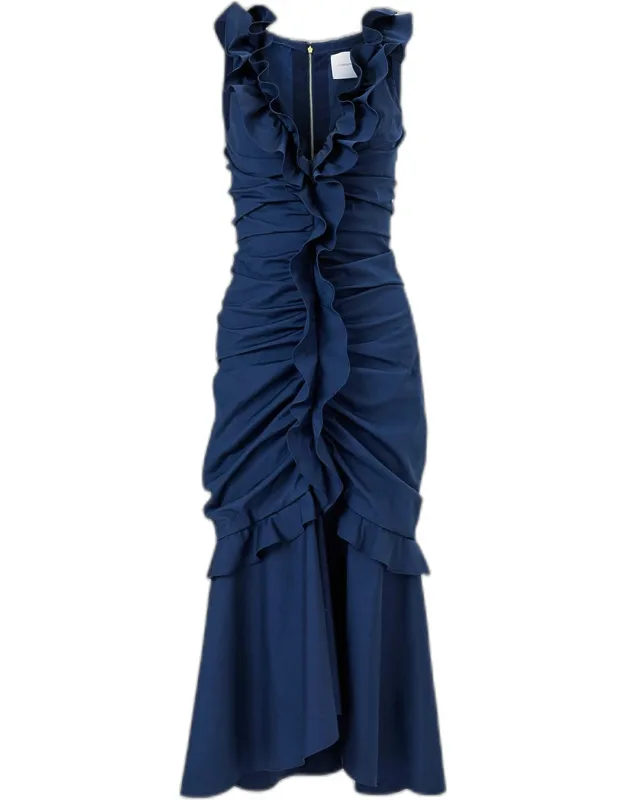 Sleeveless V-neck Ruched And Ruffled Midi Dress