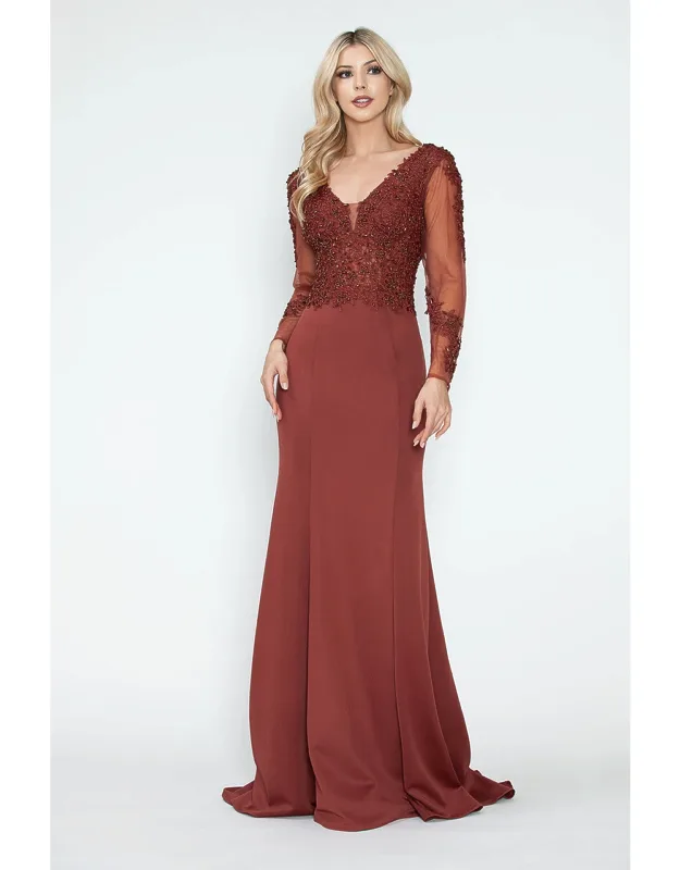 Formal Dress V-neck Beaded Sheath Long Sleeve Evening Gown