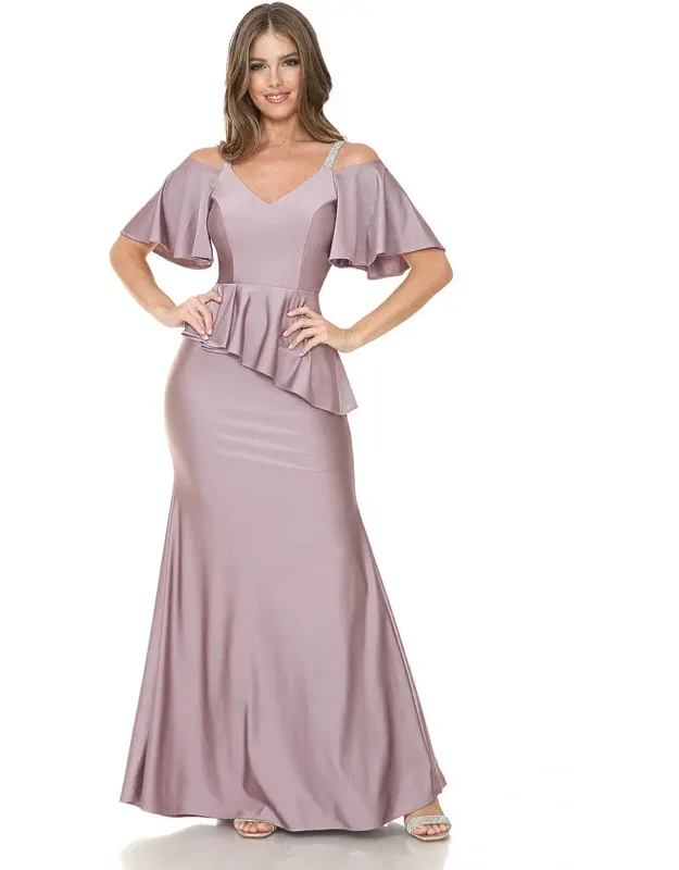 Bridesmaid Dress V-neck Ruffled Sleeve Evening Gown