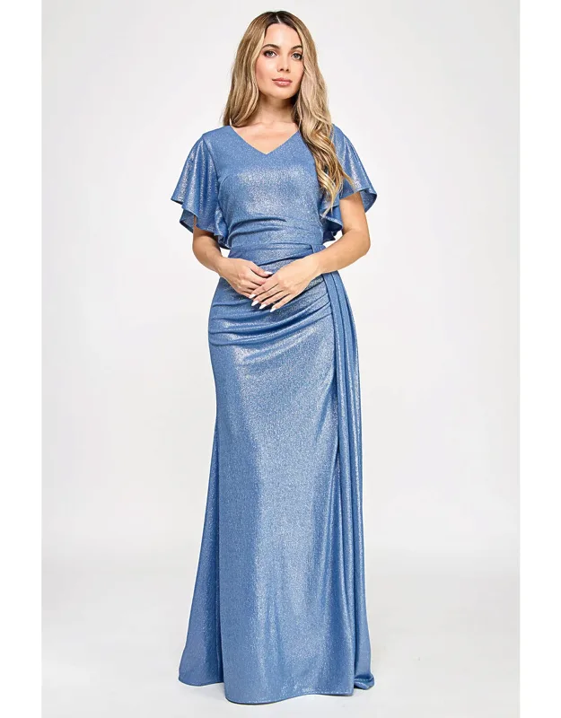 Metallic V-neck Flutter Sleeve Evening Gown With Ruched Waist And High Slit
