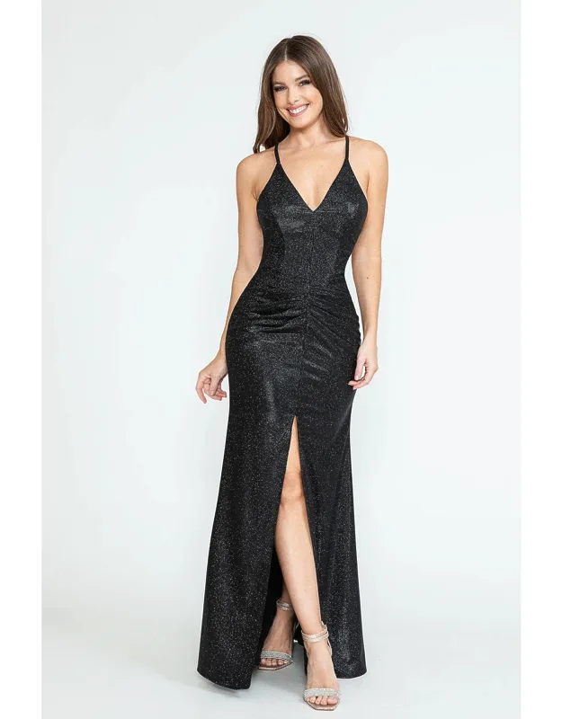 Evening Long Dress V-neck Pleated Formal Gown