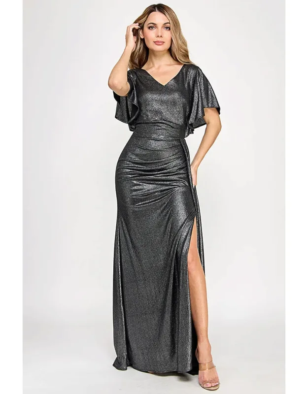 Metallic V-neck Flutter Sleeve Evening Gown With Ruched Waist And High Slit