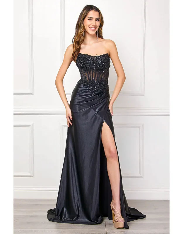 Satin Strapless Corset Lace Appliqué Evening Gown With High Slit Dress