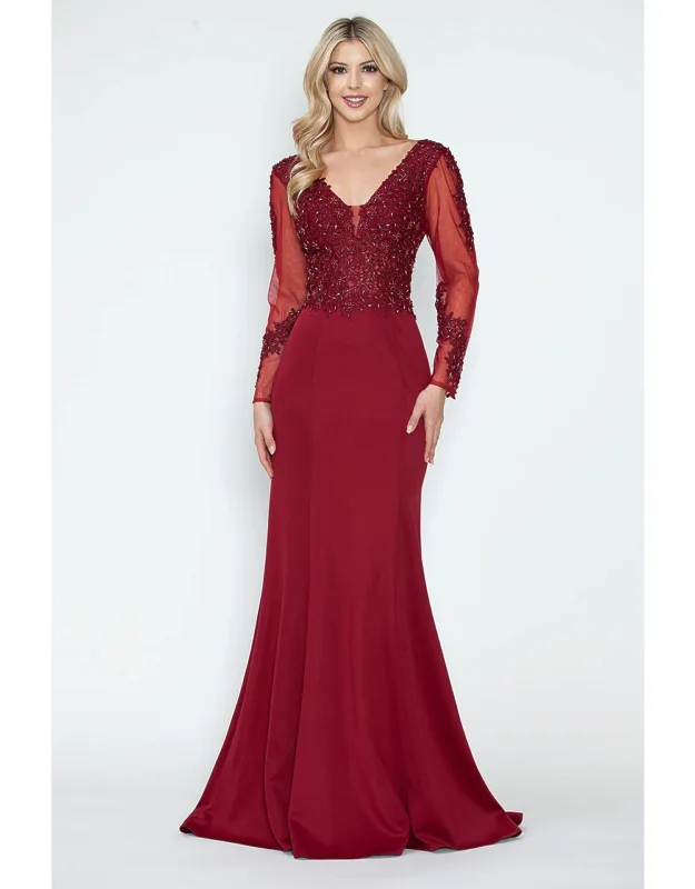 Formal Dress V-neck Beaded Sheath Long Sleeve Evening Gown