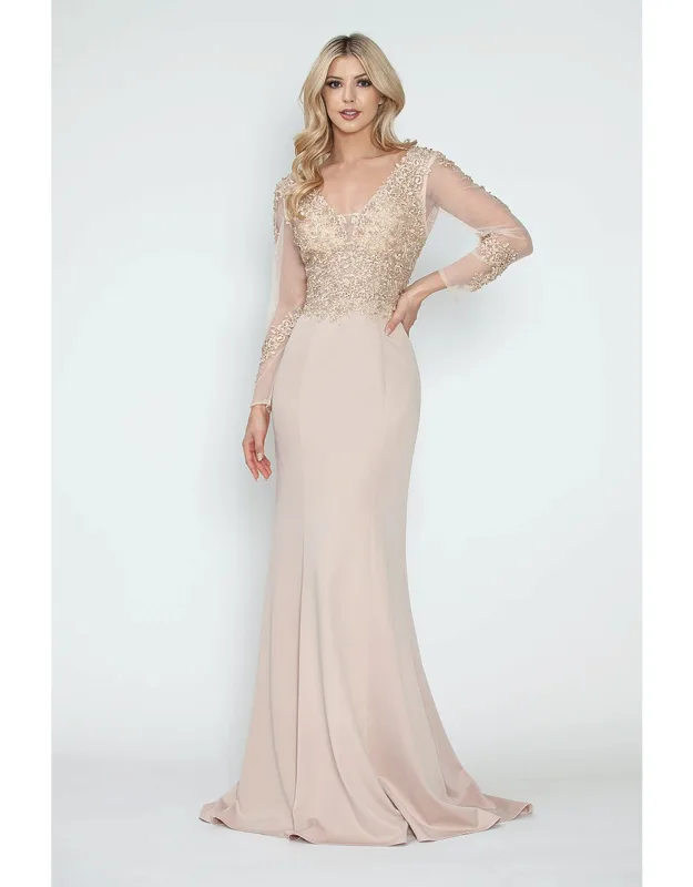 Formal Dress V-neck Beaded Sheath Long Sleeve Evening Gown