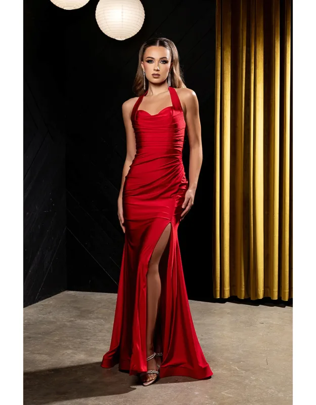 Halter Neck Ruched Satin Formal Gown With Slit