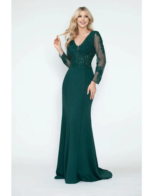 Formal Dress V-neck Beaded Sheath Long Sleeve Evening Gown