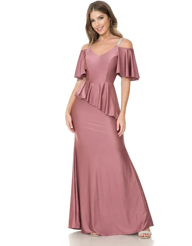 Bridesmaid Dress V-neck Ruffled Sleeve Evening Gown