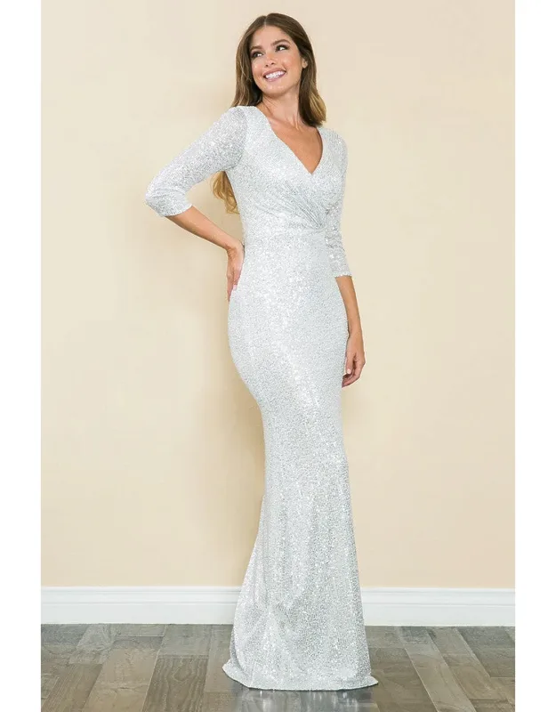 Sequin 3/4 Sleeve Evening Gown V-neck Flattering Fit Dress