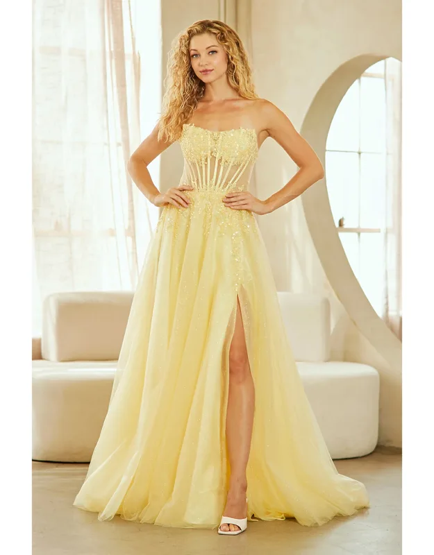 Strapless Corset Prom Dress With Beaded Bodice & Lace-up Back Evening Gown