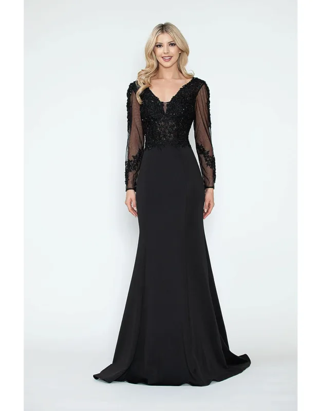 Formal Dress V-neck Beaded Sheath Long Sleeve Evening Gown