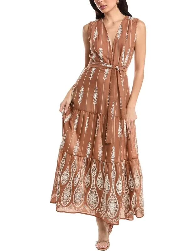 "sleeveless Maxi Dress With Embroidery And Tiered Skirt"