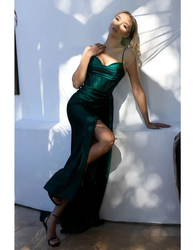 Wholesale Satin Corset Evening Gown With Lace-up Back & High Slit Spaghetti Strap Dress