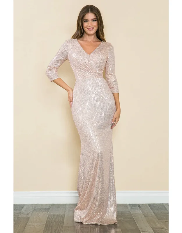 Sequin 3/4 Sleeve Evening Gown V-neck Flattering Fit Dress