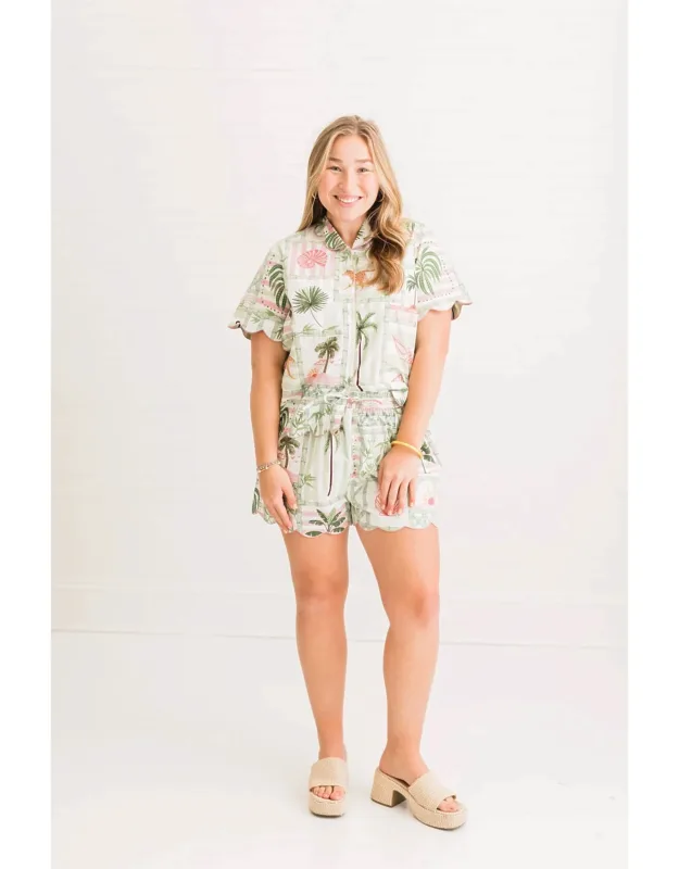 Henley Pajama Short Set - Breathable Cotton, Scalloped Trim