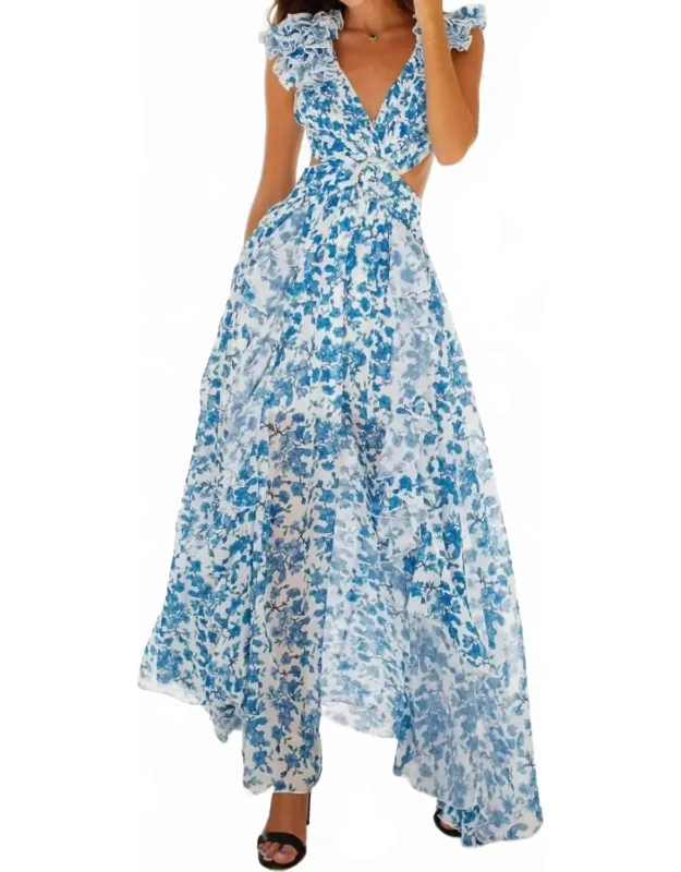 Cut Out Deep V Ruffled Floral Backless Dress