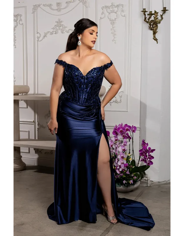 Off-shoulder Sequin Appliqué Satin Evening Gown