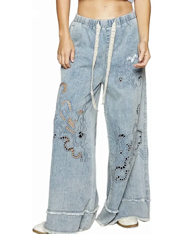 Denim Vintage Wash Outseam Woven Twill Wide Pants