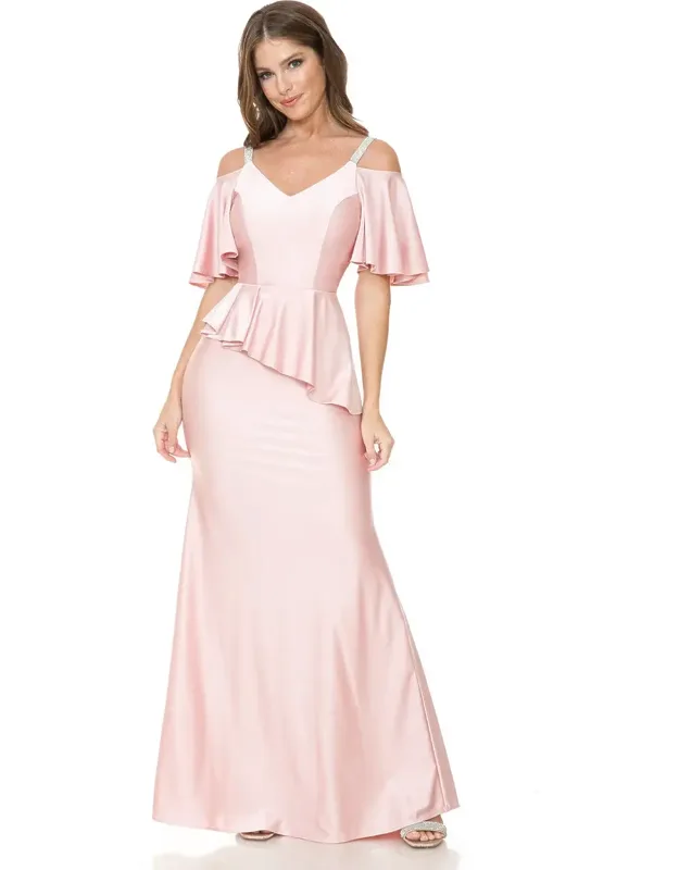 Bridesmaid Dress V-neck Ruffled Sleeve Evening Gown